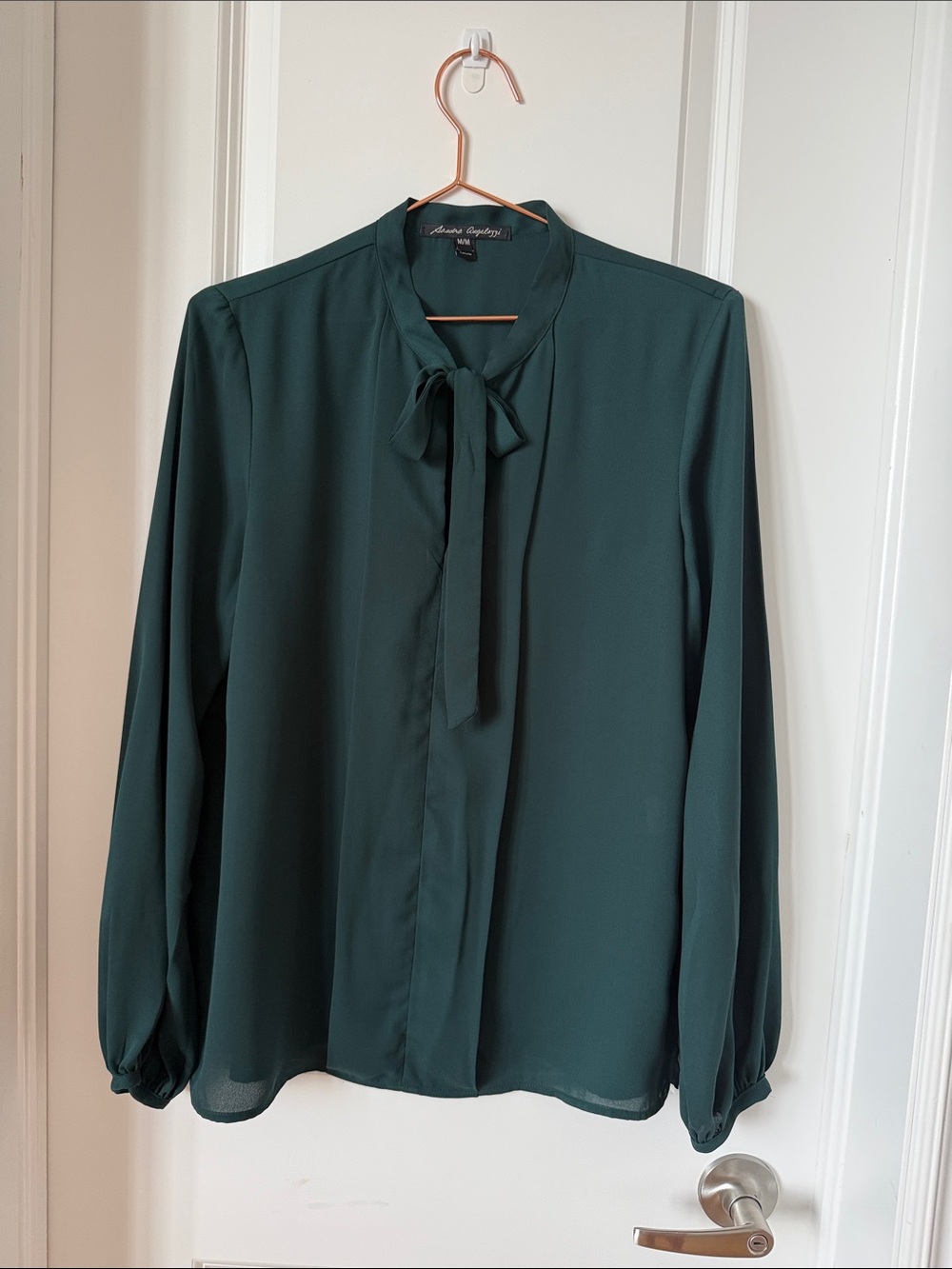 La Femme Forest Green Tie-Neck Blouse